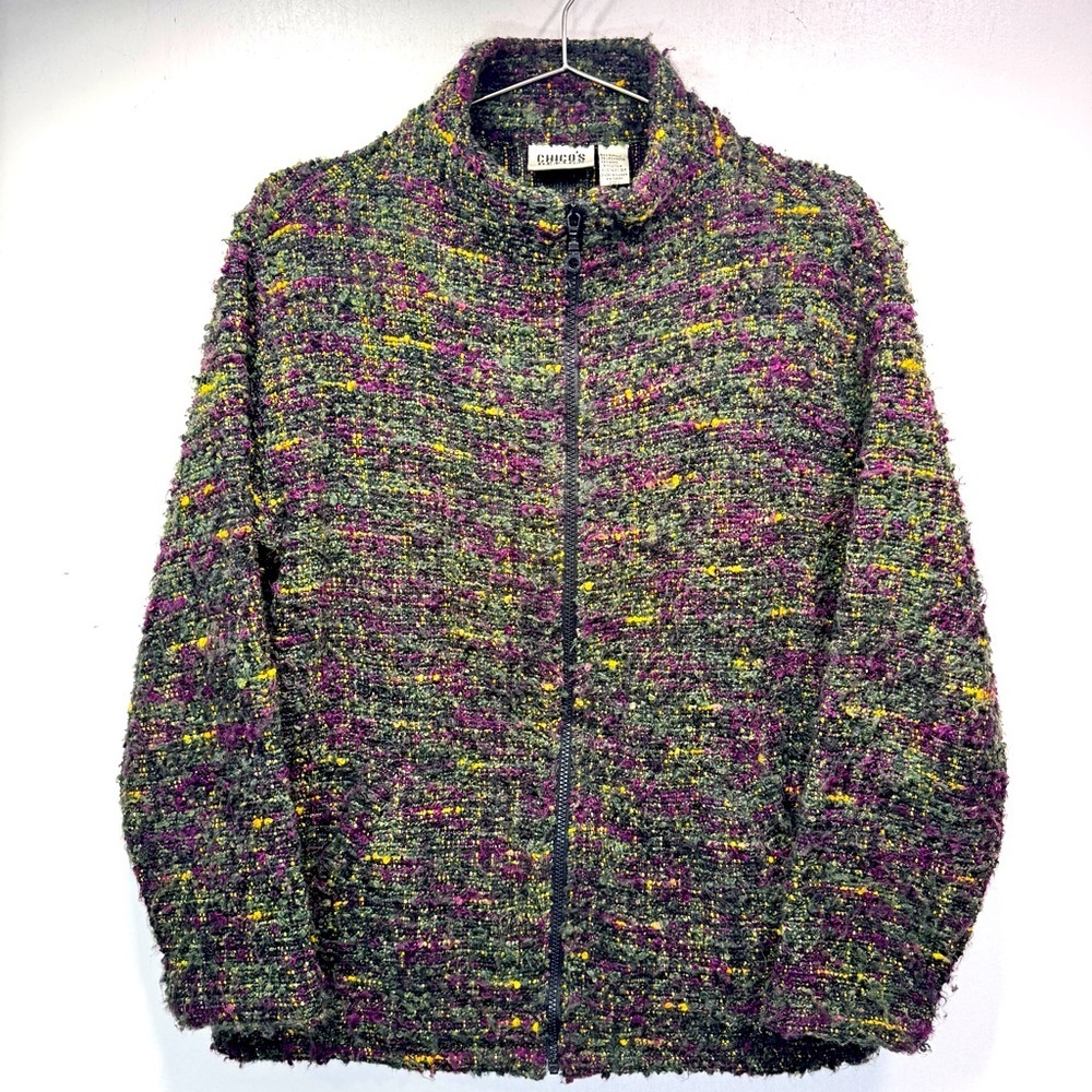 Chico’s Boucle Tweed Jacket Zip Front Wool Blend Purple Forest Green Yellow 2/XL